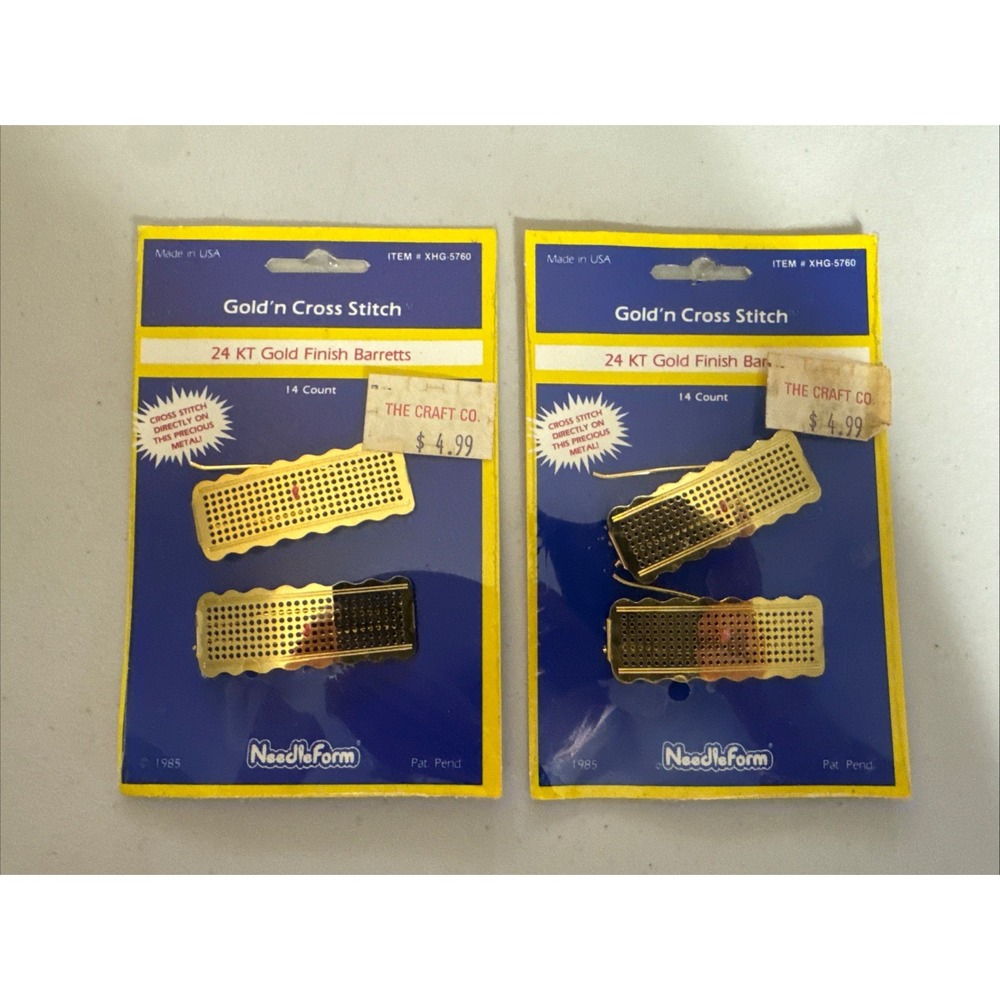Pair of Needleform 24K Gold Finish Barrettes for Cross Stitch Embroidery 2x1"